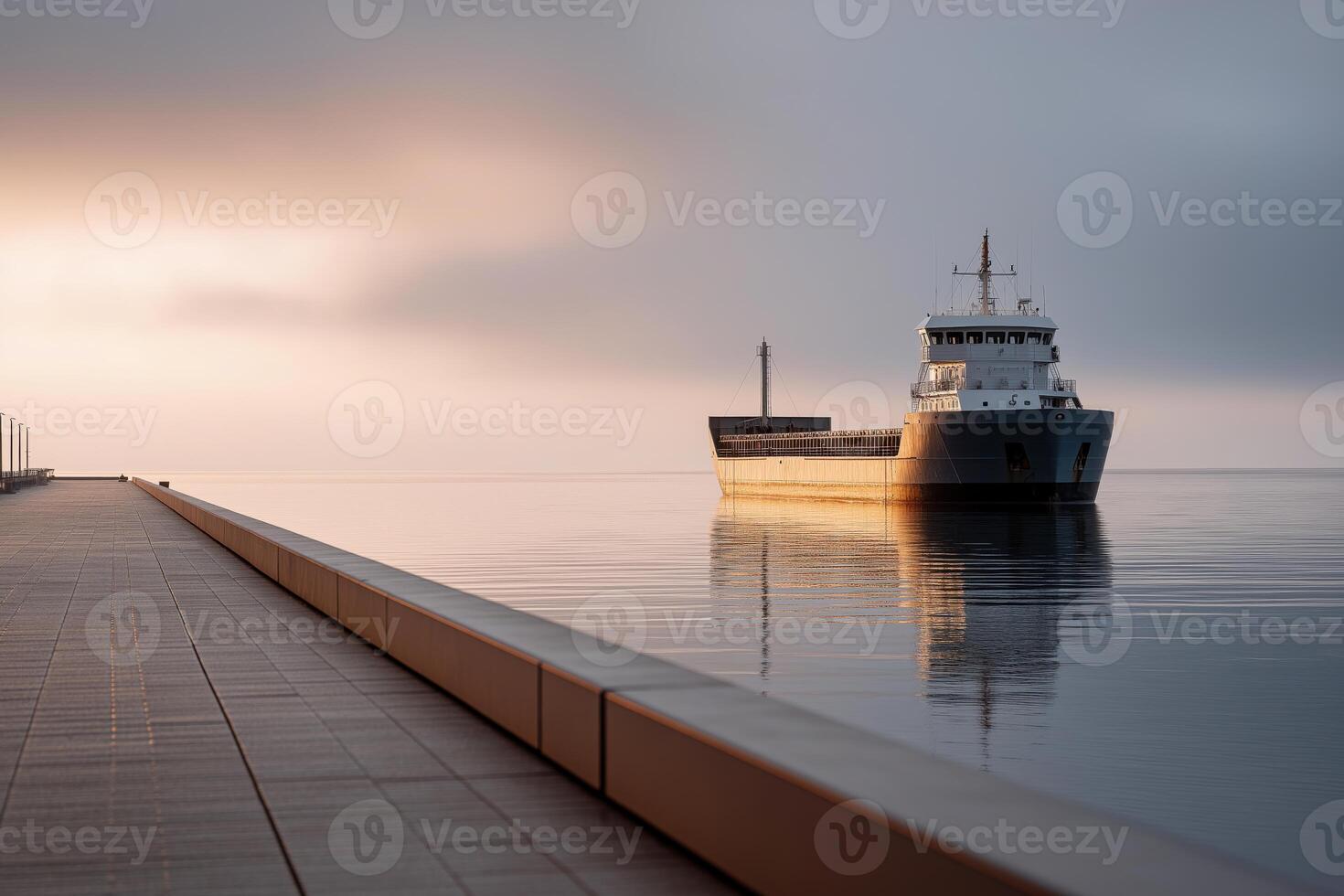 Cargo Ship Approaching Modern Pier at Dawn photo