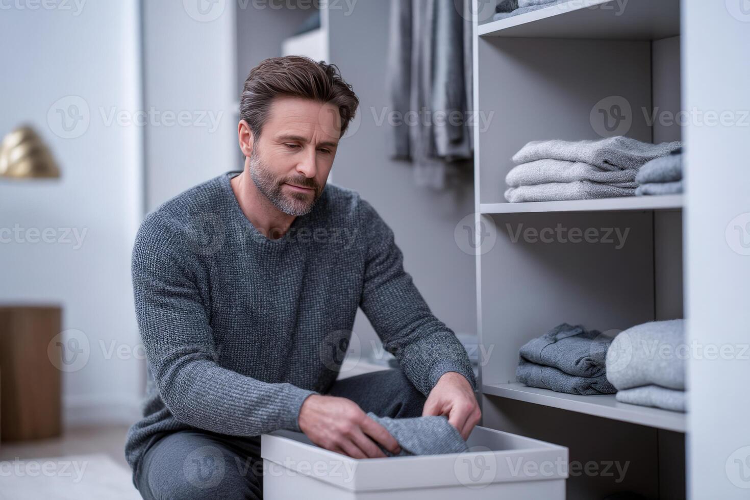 Middle Aged Man Organizing Clothes in a Modern Gray Wardrobe photo