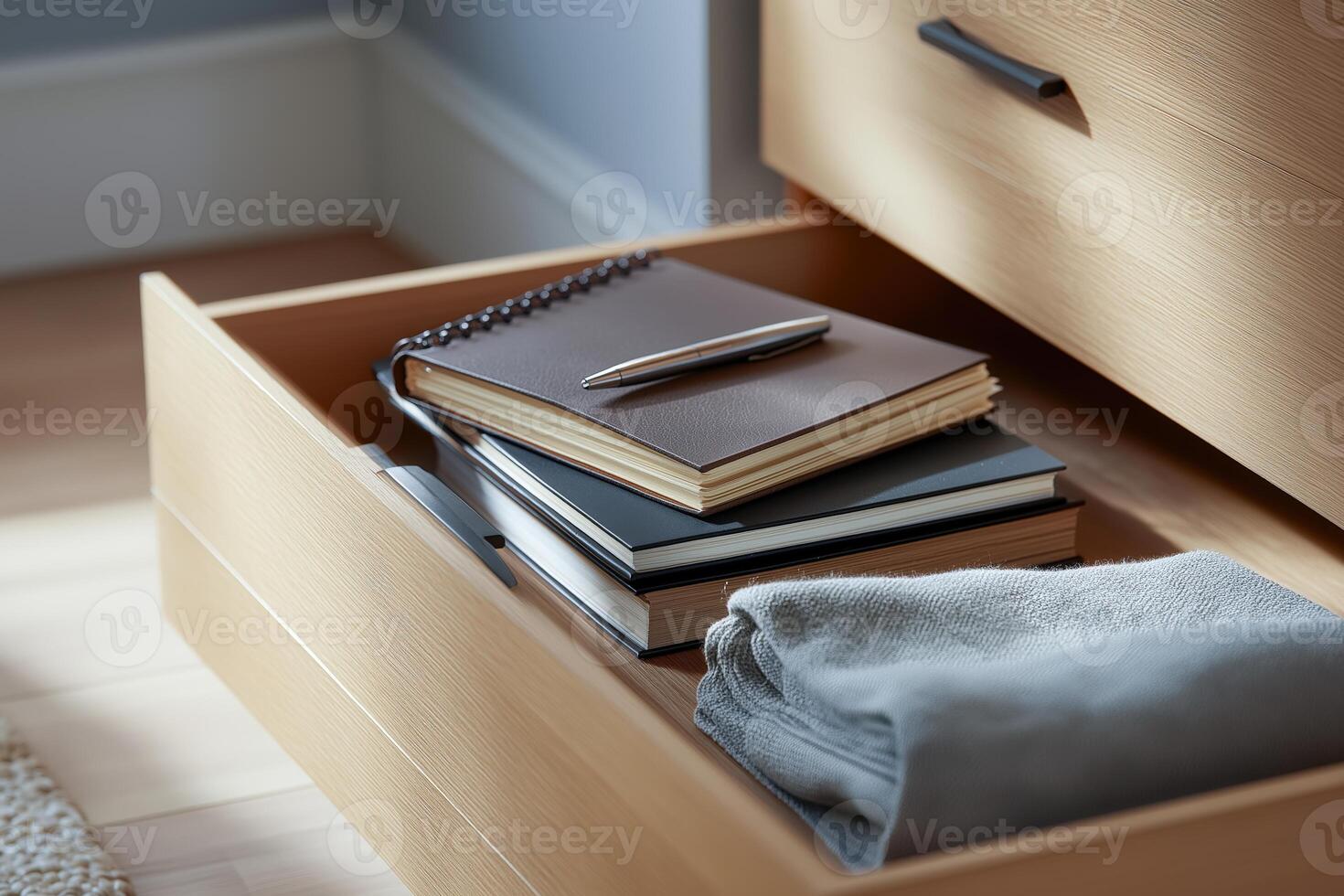 Light Oak Drawer with Notebooks and Cloth in Soft Natural Light photo