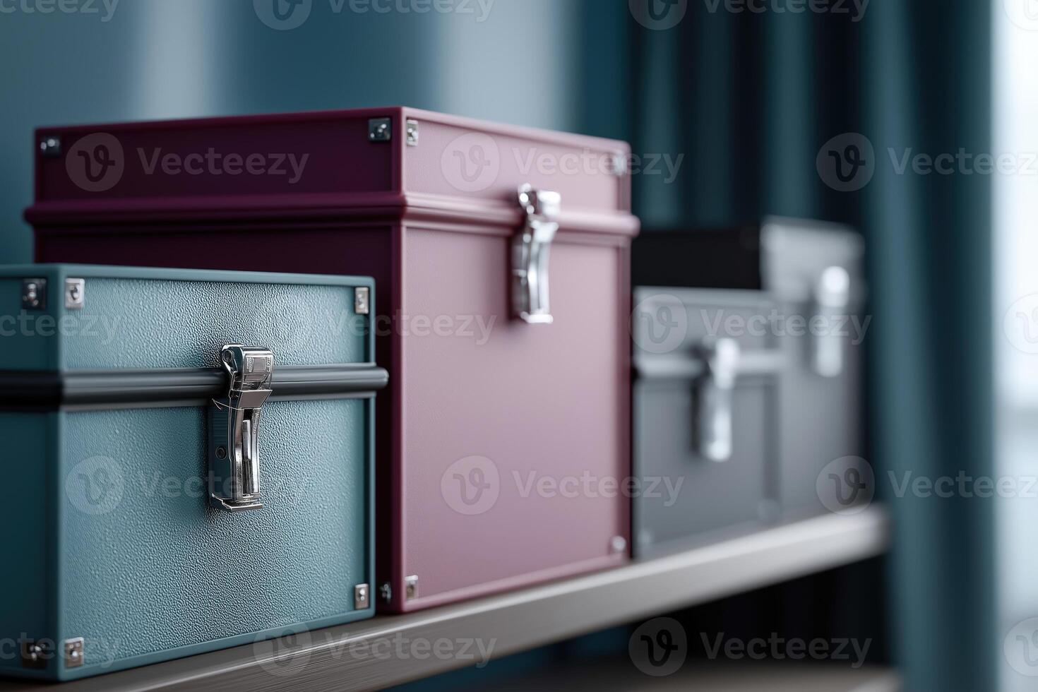 Teal Maroon Gray Metal Storage Boxes on Shelf photo