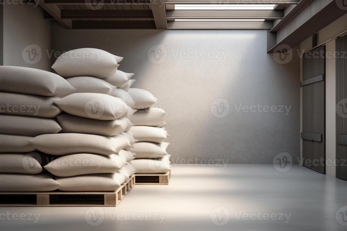 Sunlit Industrial Warehouse with Stacks of Burlap Sacks on Pallets photo