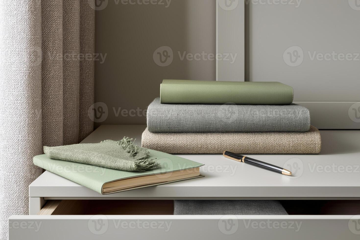 Textured Notebooks Stacked on Desk in Soft Lighting photo