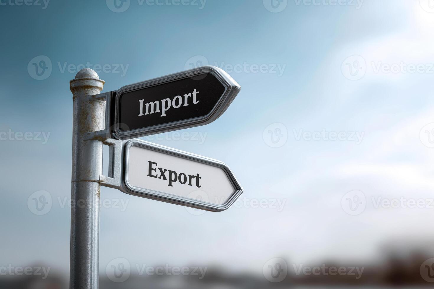 Frosty Import Export Signpost in Winter Landscape photo