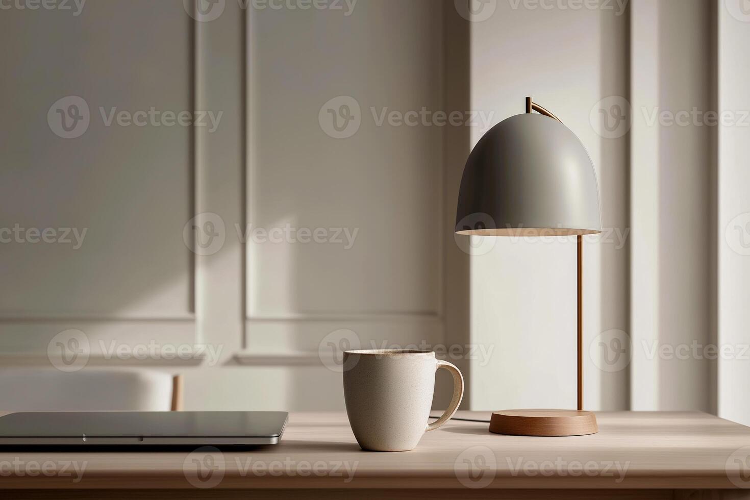 Serene Workspace Gray Table Lamp, Speckled Mug, and Laptop in Soft Natural Light photo