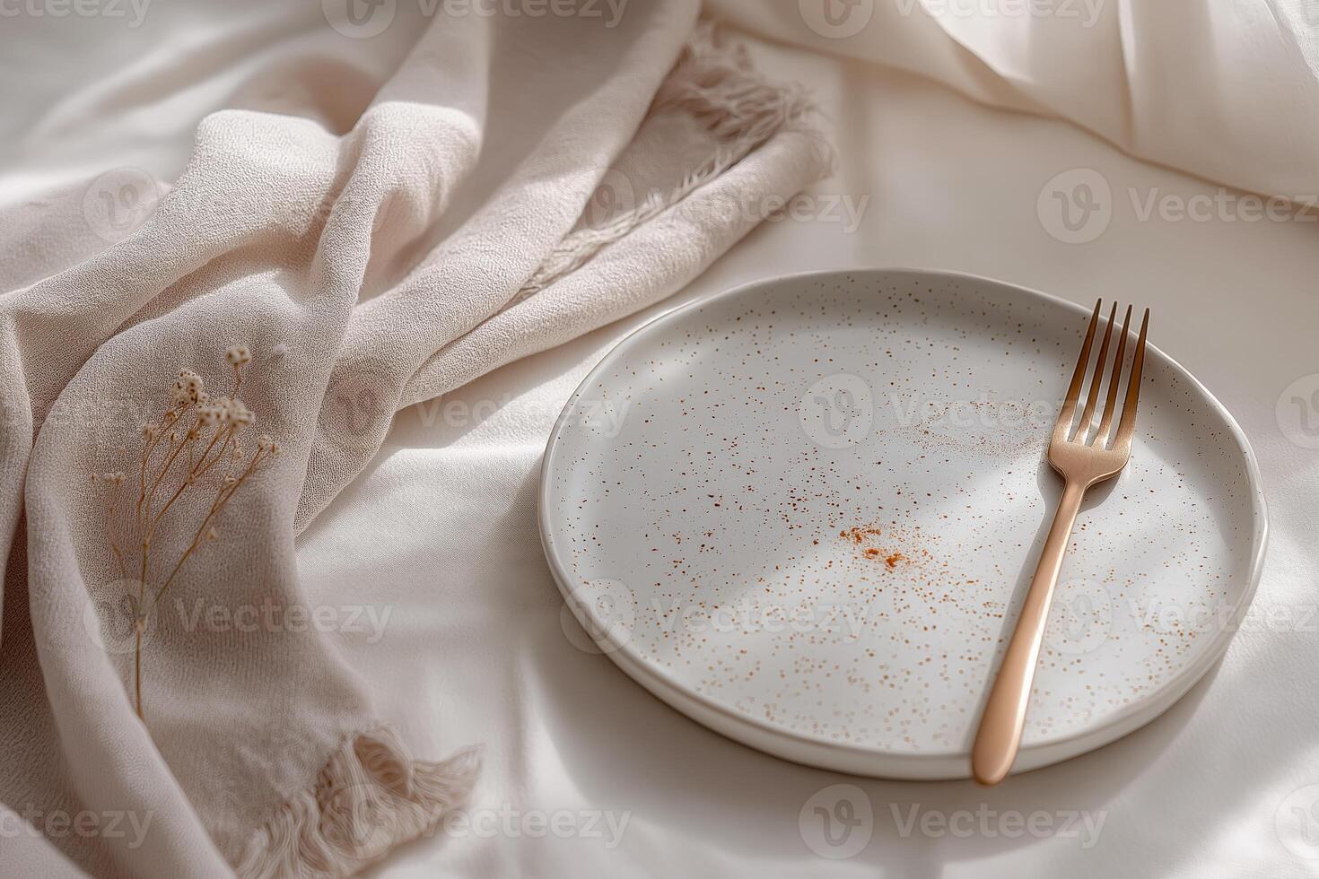 Minimalist Table Setting with Rose Gold Fork and Beige Napkin photo