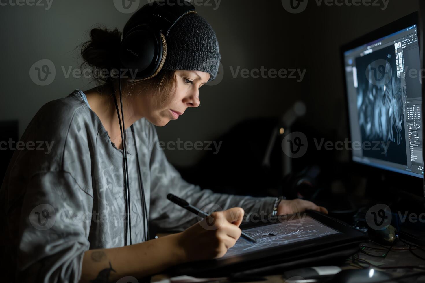 Digital artist working on a stylus tablet in a dim studio, glowing monitor with detailed UI, headphones on, intense focus, soft fill light from side, Sony A7R IV, 35mm lens photo
