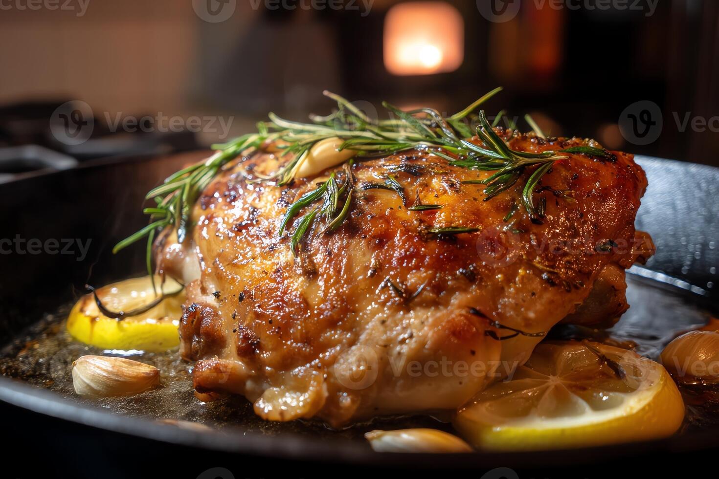 Macro shot of a golden roasted chicken thigh on a cast iron skillet with rosemary photo