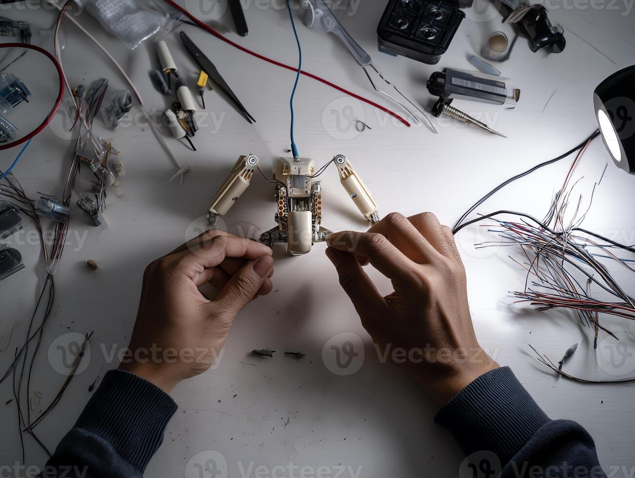 Hands assembling small robotic device. photo