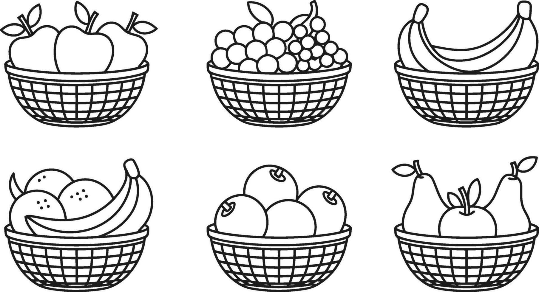 Black and white line art illustration featuring fruit baskets variety composition vector