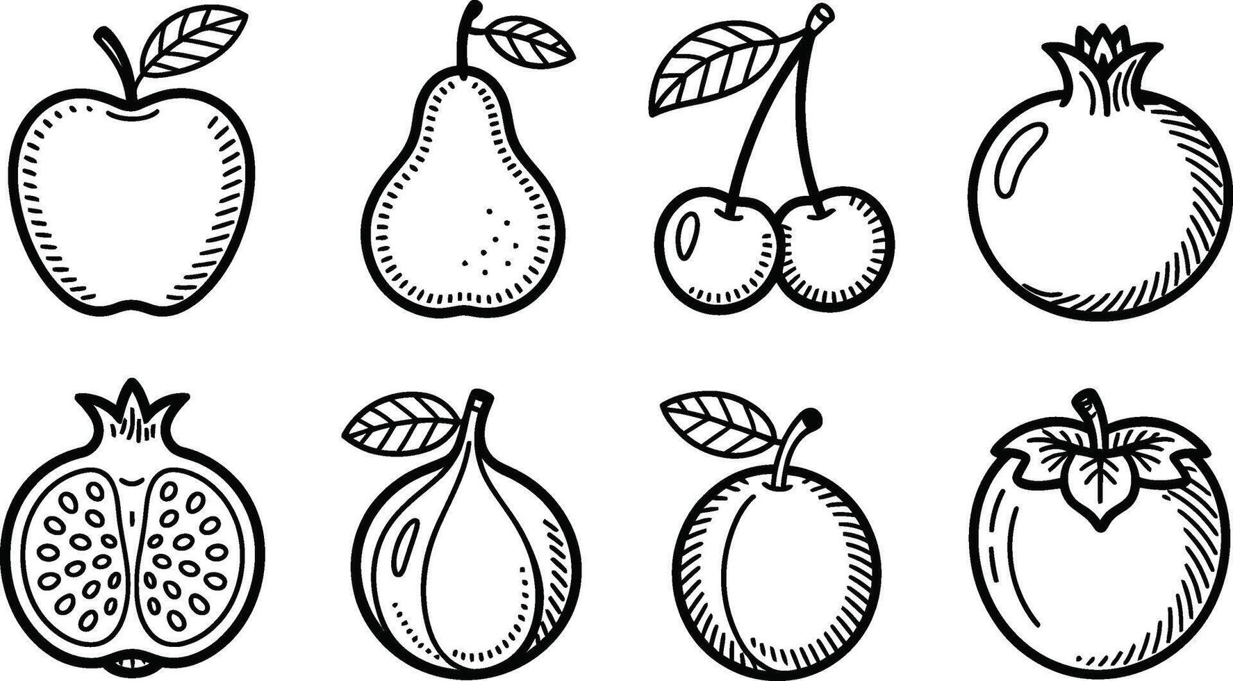 Black and white fruit illustration set featuring apple pear and more vector