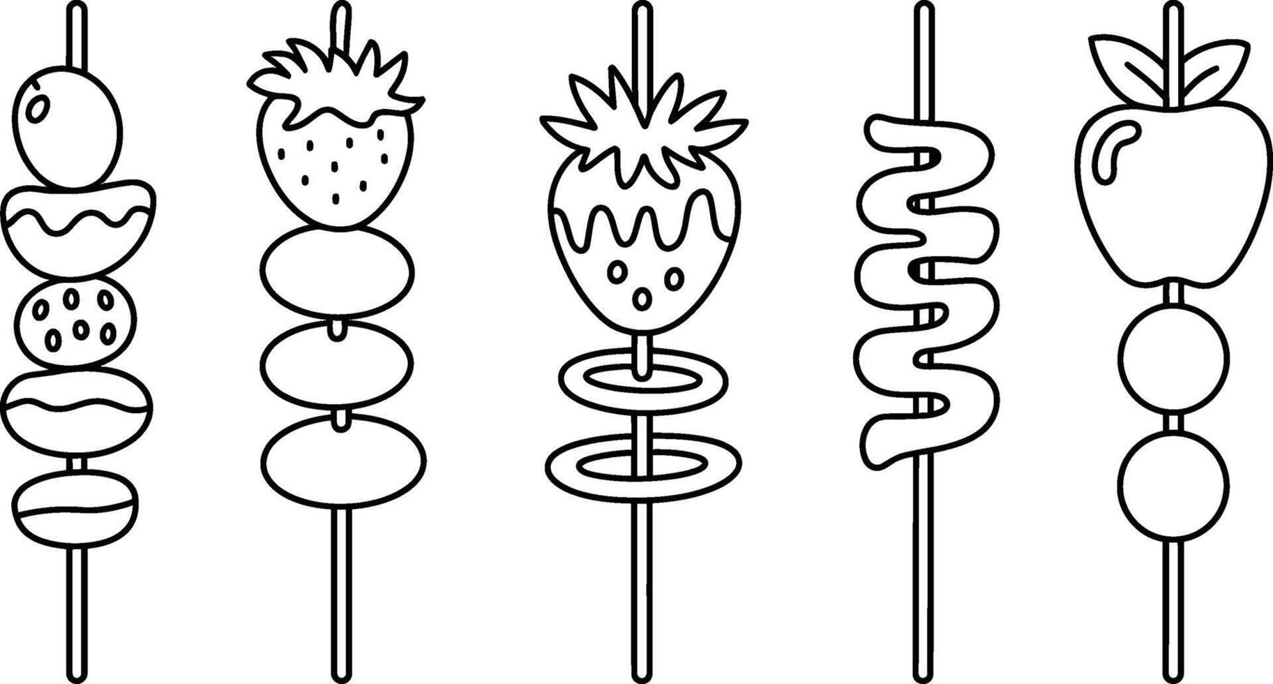 Set of simple skewers with fruits and sweets in outline style vector