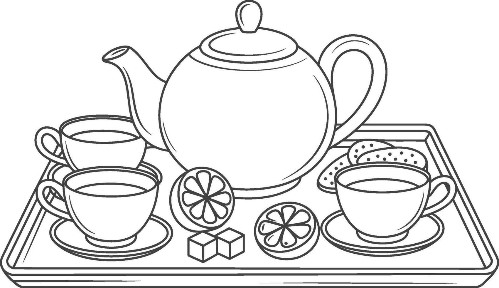 Whimsical line art illustration of a tea time setup vector