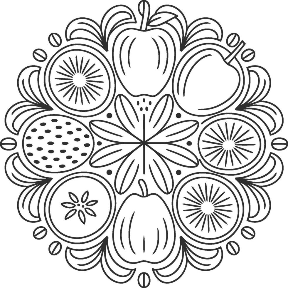 Black and white fruit mandala design with apples oranges and berries vector