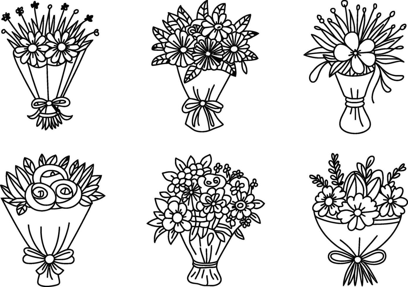 Set of hand drawn flower bouquets collection floral decoration line art vector