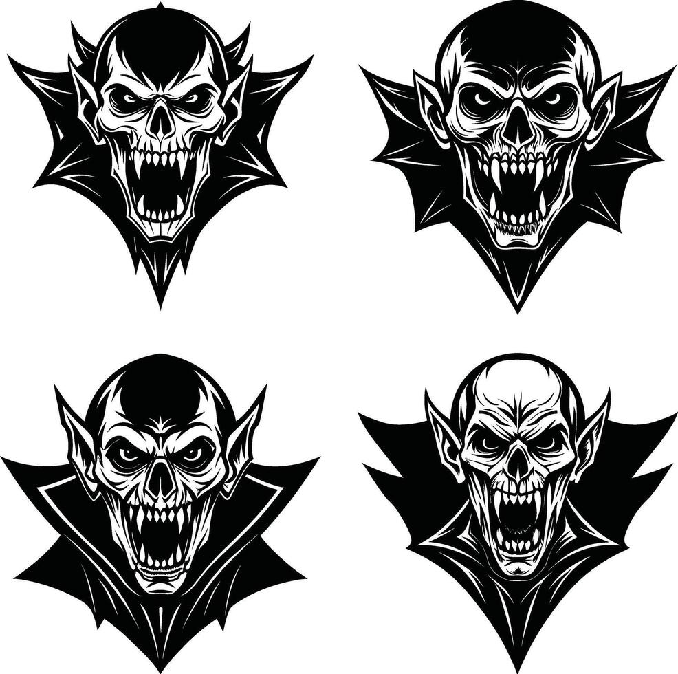Four black and white vampire skull icons with capes for halloween design vector