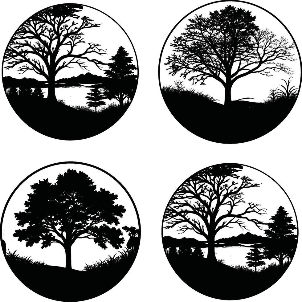 Four black and white tree silhouettes in circular frames nature design vector