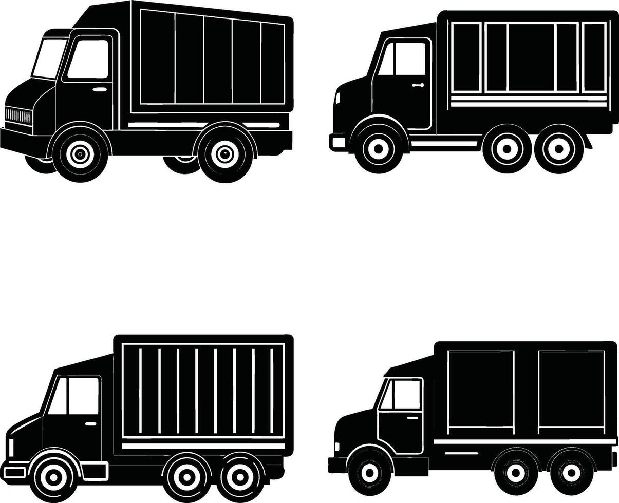 Set of four different truck silhouette illustrations in black and white vector