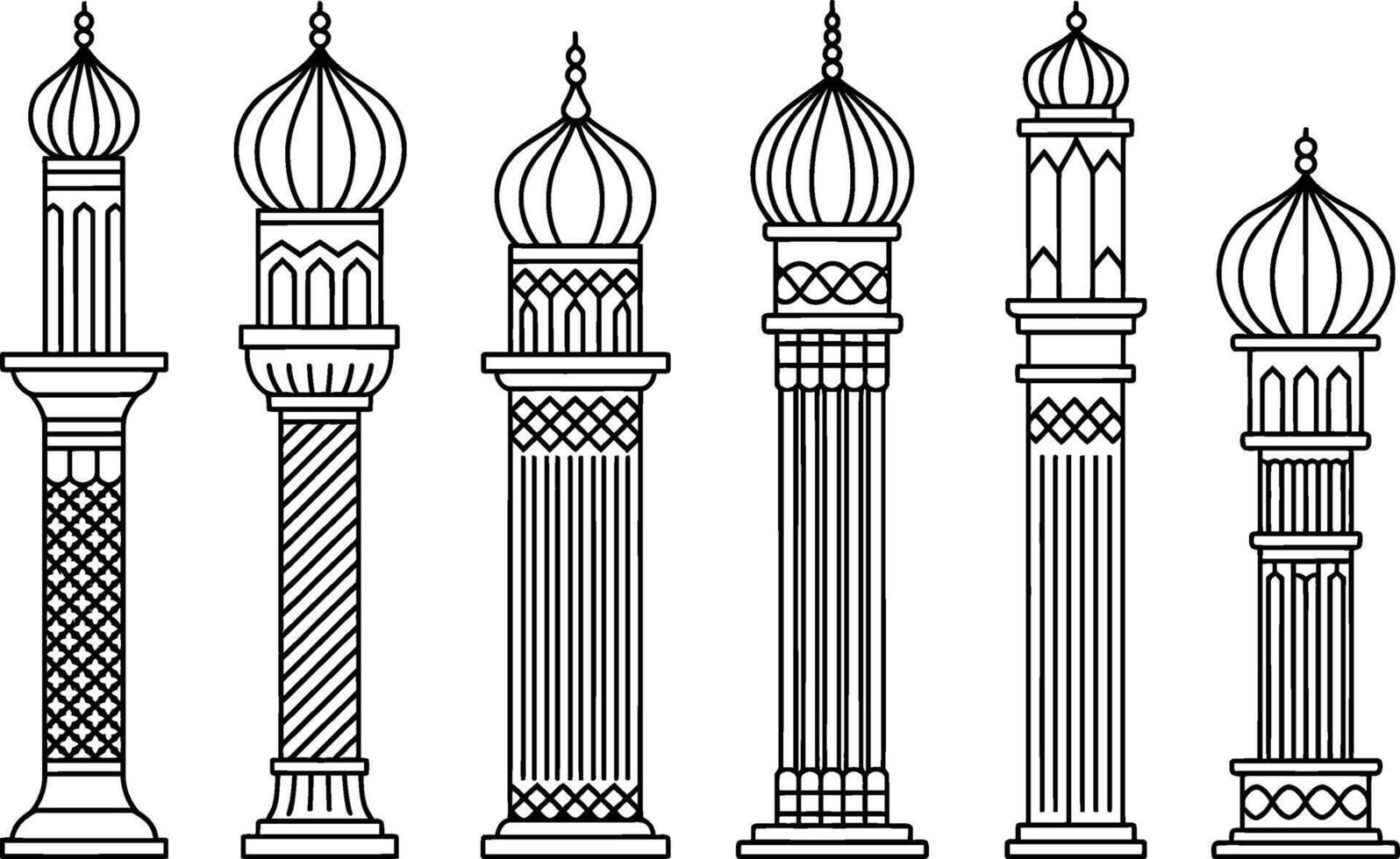 Collection of islamic minaret line art designs architectural elements vector