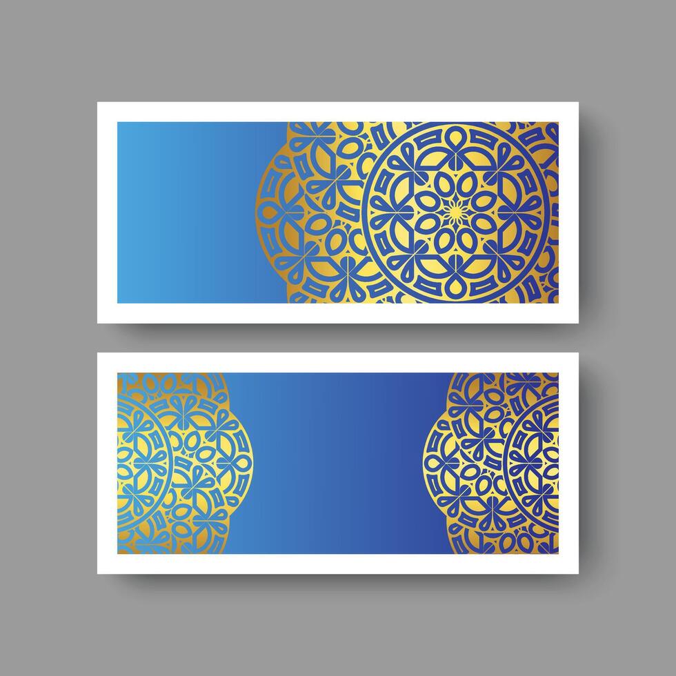 elegant and luxury business cards design with golden mandala pattern on blue background vector