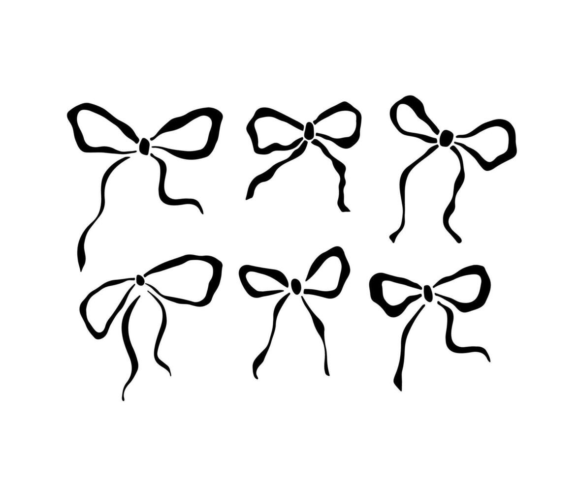 Hand drawn ribbon bows set. Coquette style illustration. Cute sketched bow drawing. Line art collection for present, card, wedding or birthday decor vector