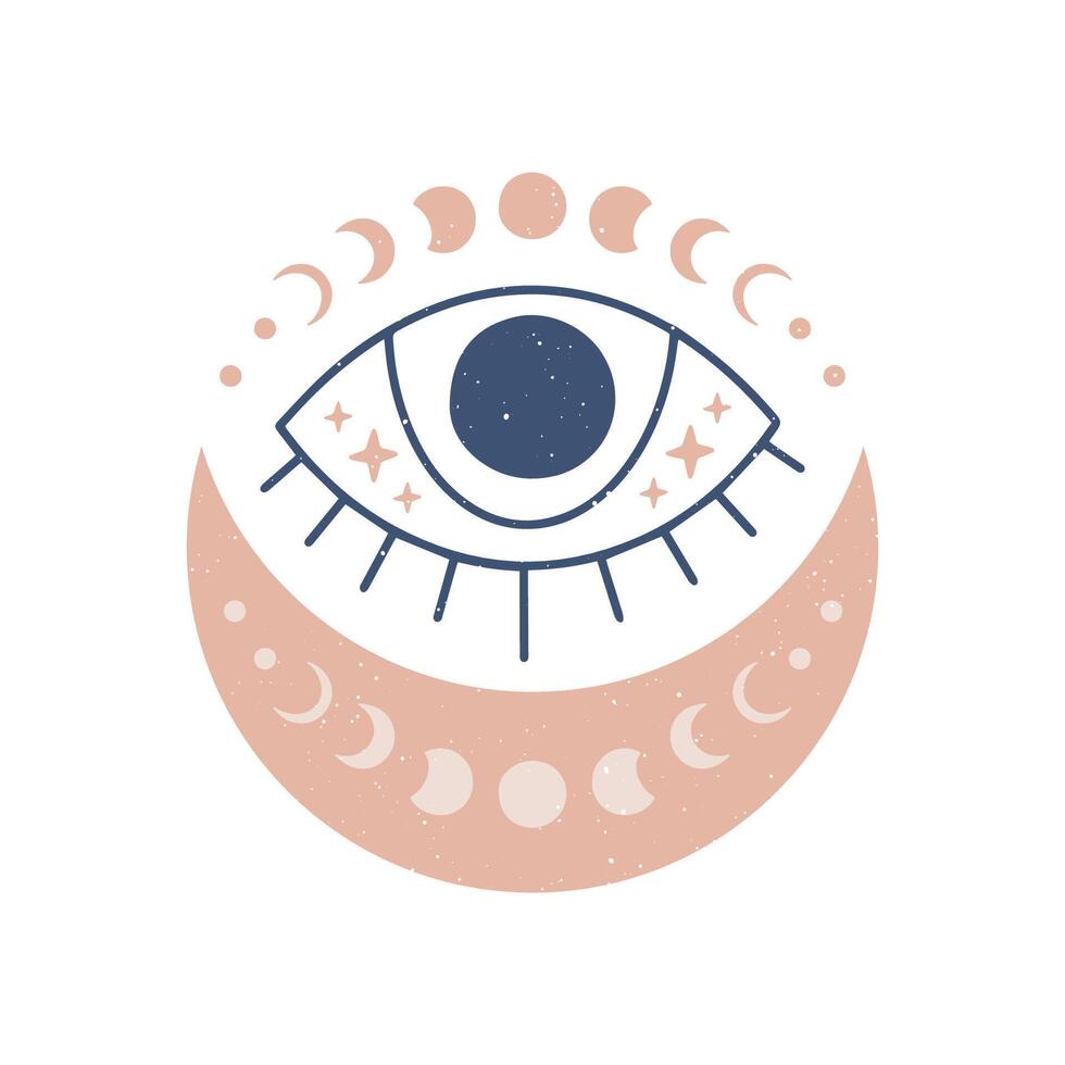 Hand drawn evil eye flat illustration. Magic witchcraft third eye with moon phases isolated on white background. Occult symbol. For esoteric t-shirt print, mystical logo, boho poster. vector
