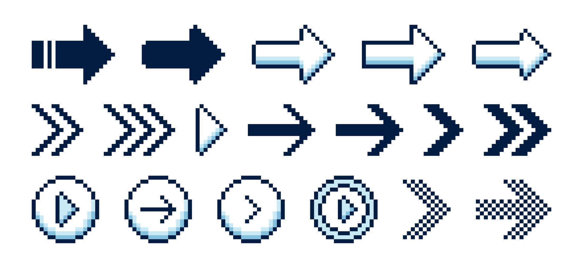 Set of pixel art arrow icons. Pixelated arrows for navigation, interface, or game design. illustration vector