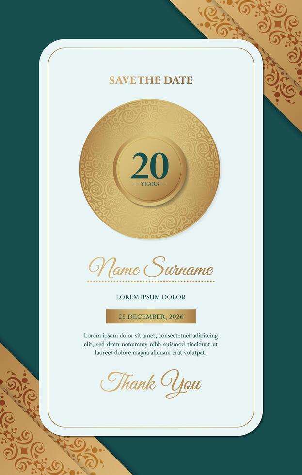 Elegant Golden Twenty Years Anniversary Save The Date Invitation Card. vector