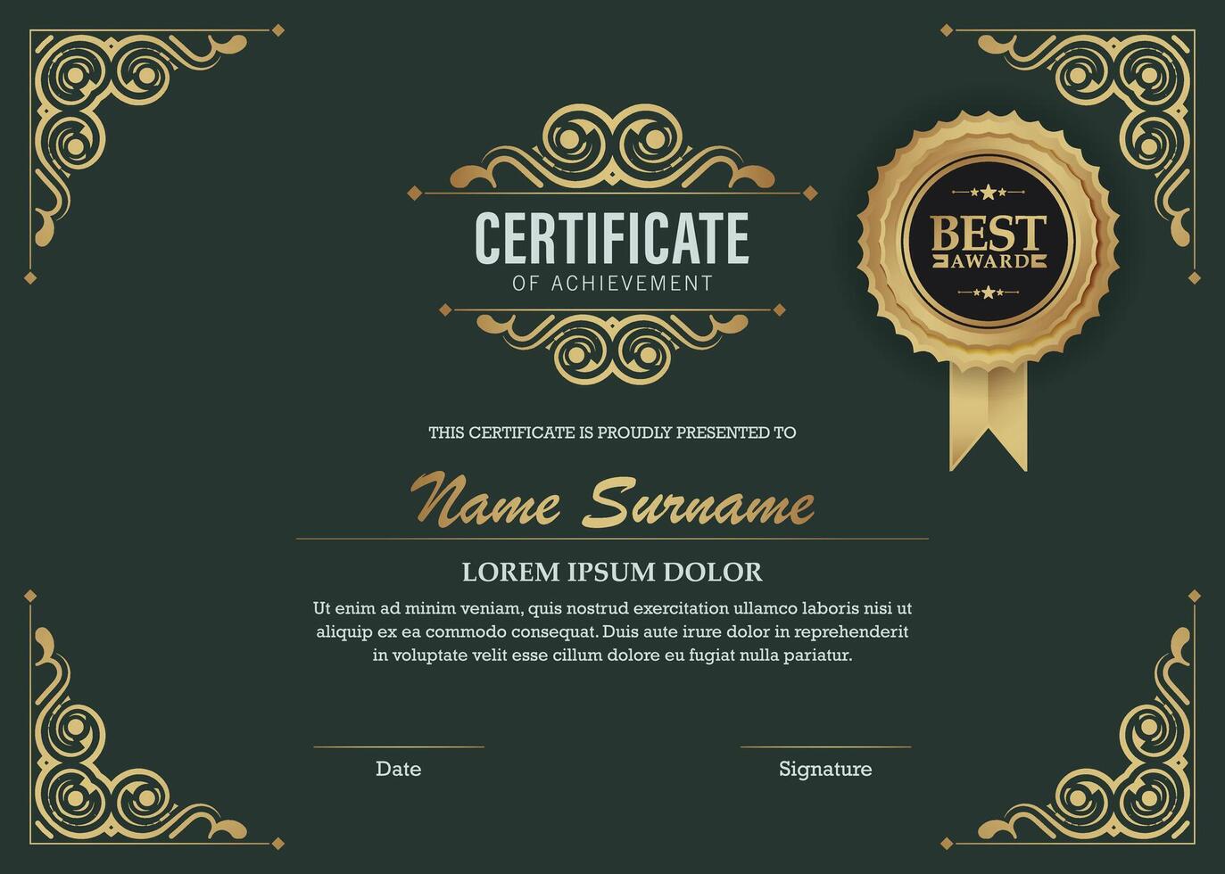 Classic gold certificate of achievement award with ornament frame vector