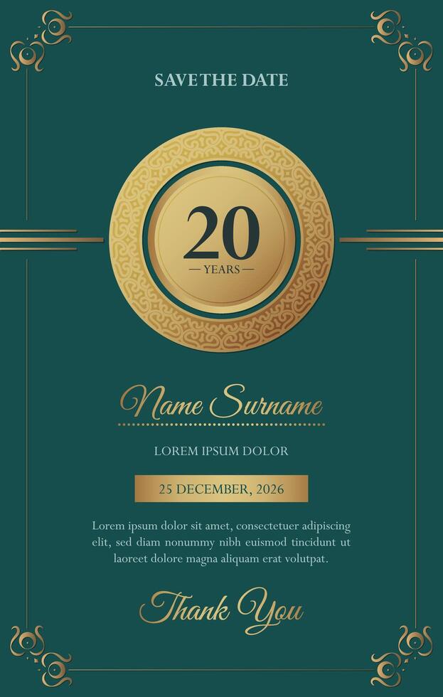 Golden Twenty Years Anniversary Save The Date Invitation Card vector