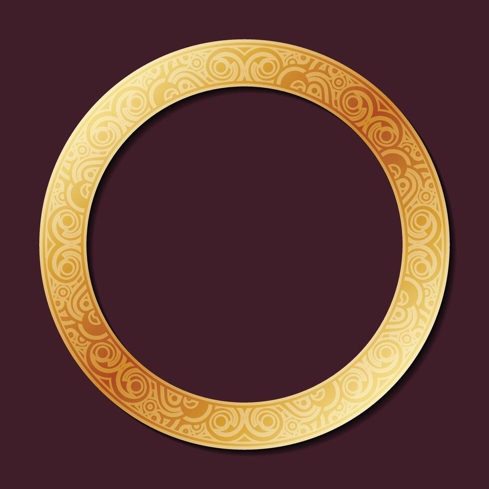 Elegant golden circle frame with intricate ornamental design on a dark maroon background vector