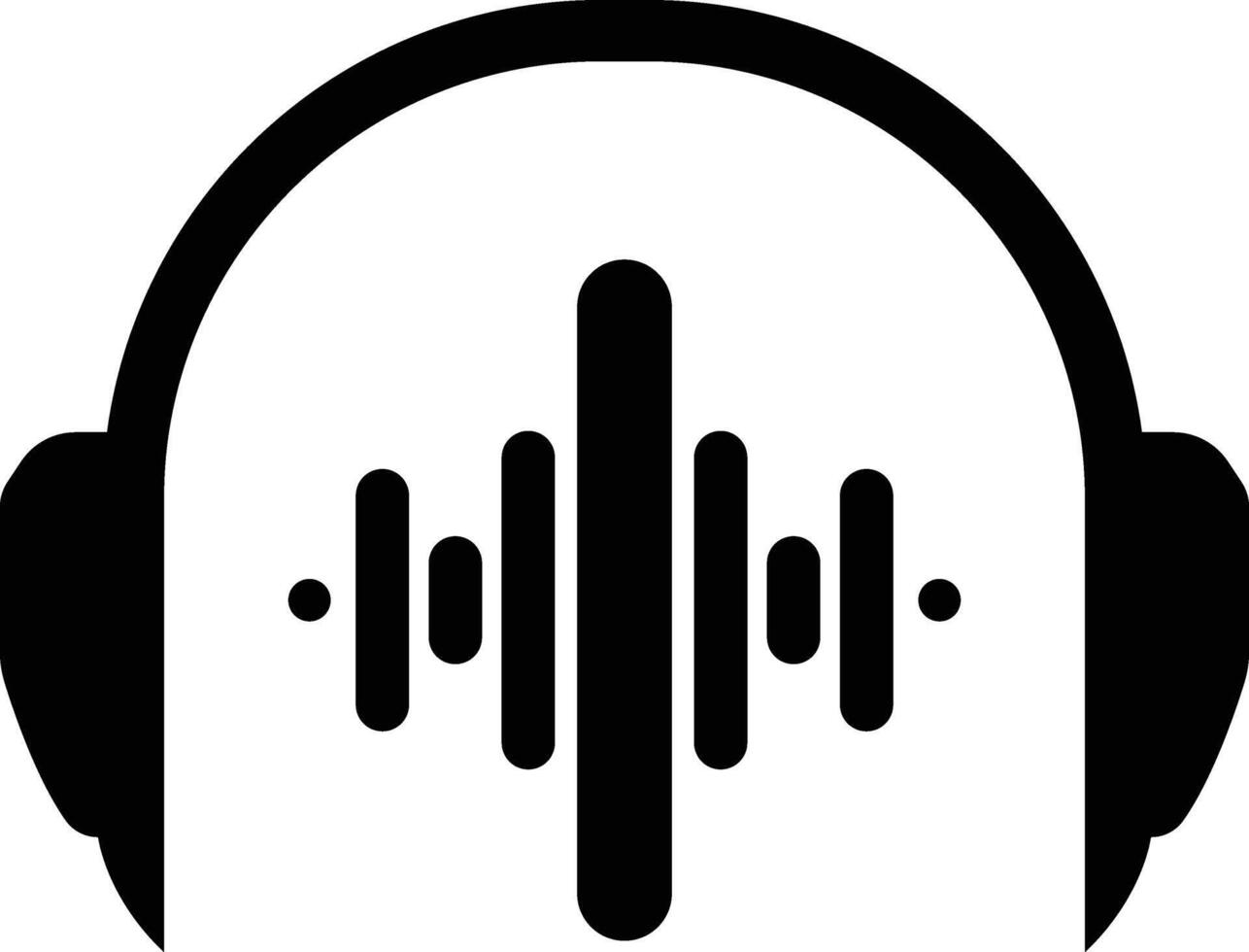 A bold, solid black icon of headphones with audio wave bars, suitable for use in websites, apps, or other digital media to represent sound, music, or audio. vector