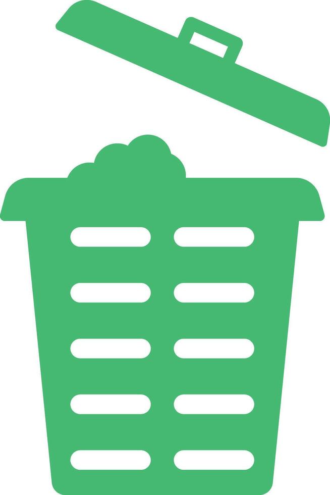 Green trash can icon with lid open and waste inside vector