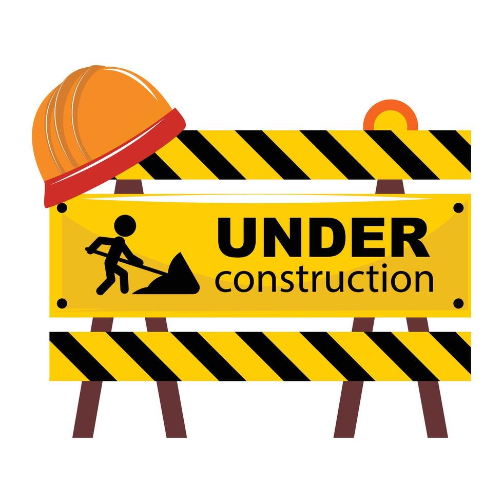 Construction barrier with helmet, black and yellow stripes, work in progress symbol, isolated illustration vector