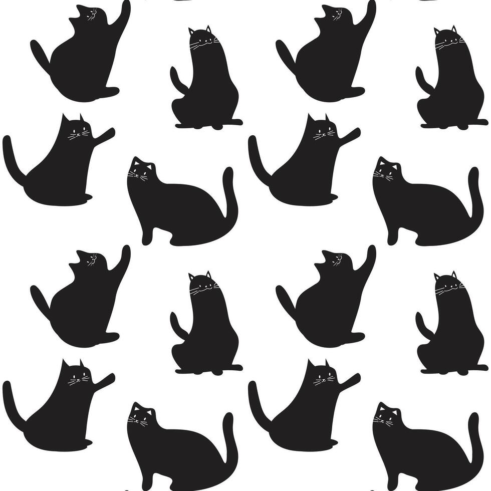 Black cat silhouettes pattern, sitting, stretching, waving, modern pet design, for fabric and decor vector