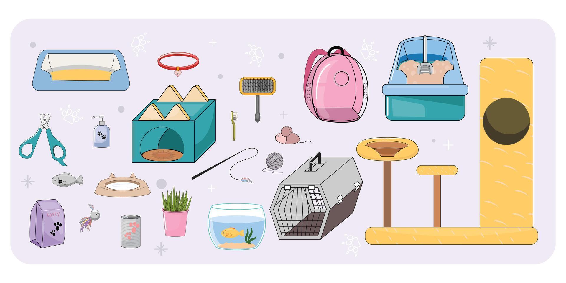 Cat care essentials, feeding, hygiene, play, and travel items, modern pet collection, colorful design vector