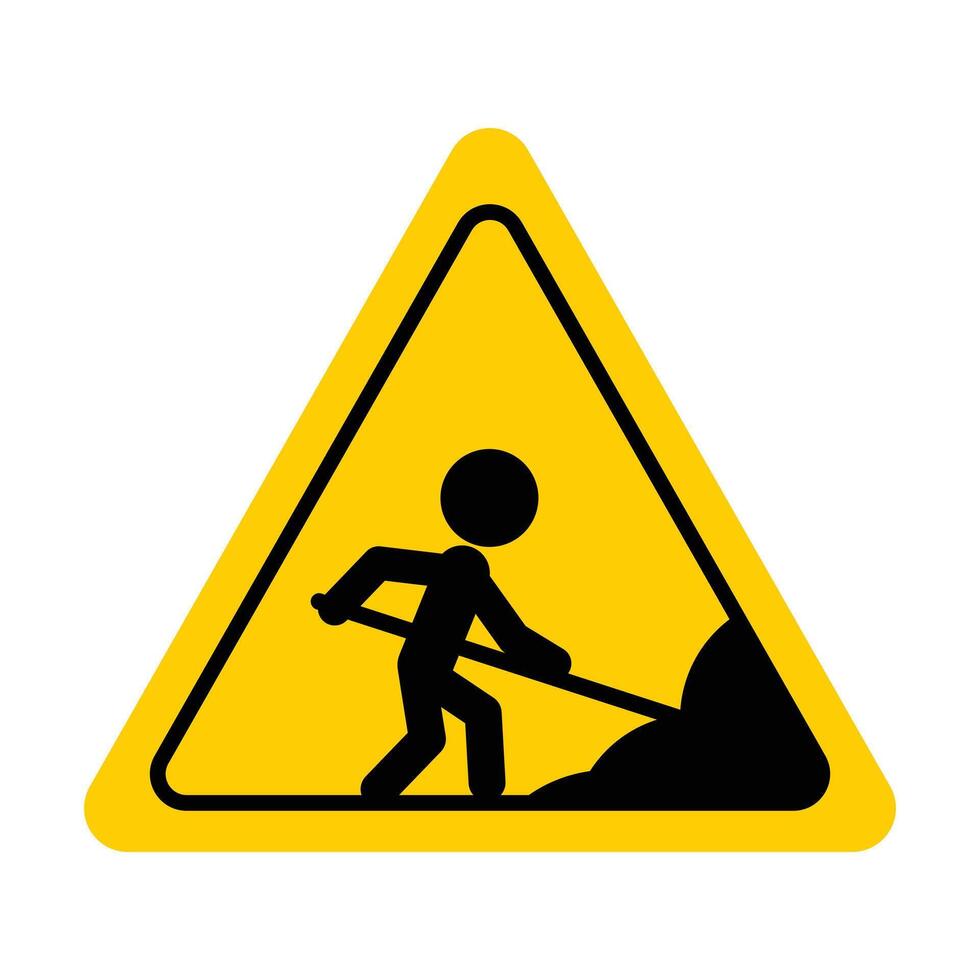 Work in progress caution sign, black silhouette worker, yellow background, modern flat icon, art vector