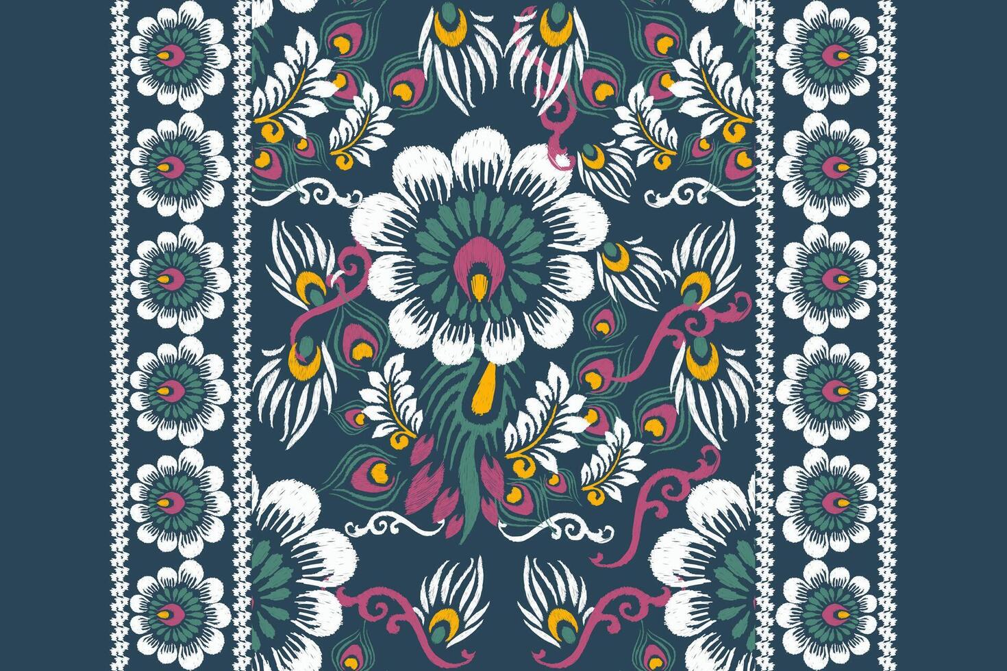 Ikat floral embroidery on navy blue background.Ikat ethnic oriental pattern traditional,Aztec background. vector
