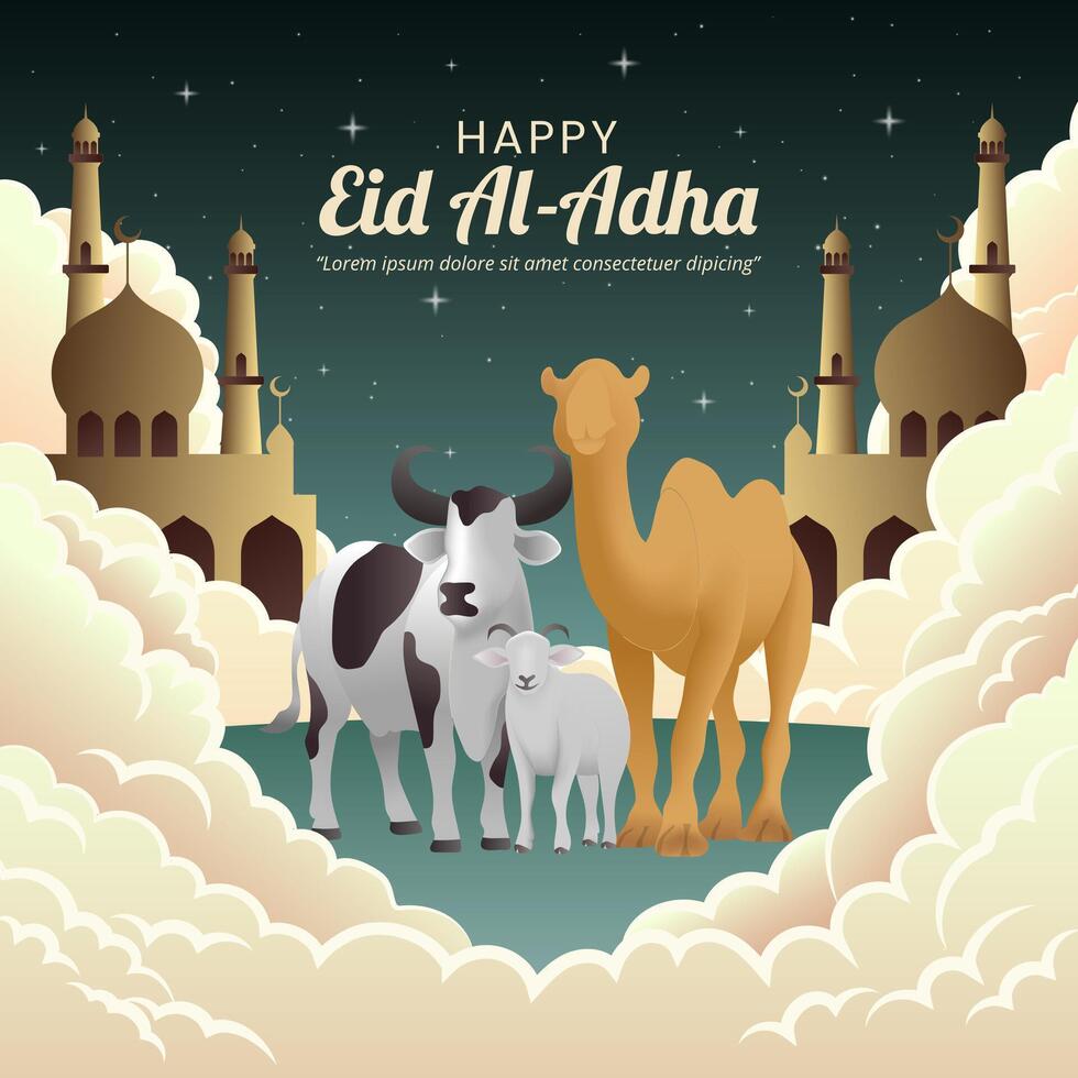 Happy Eid Al Adha Mubarak design with livestock and clouds vector