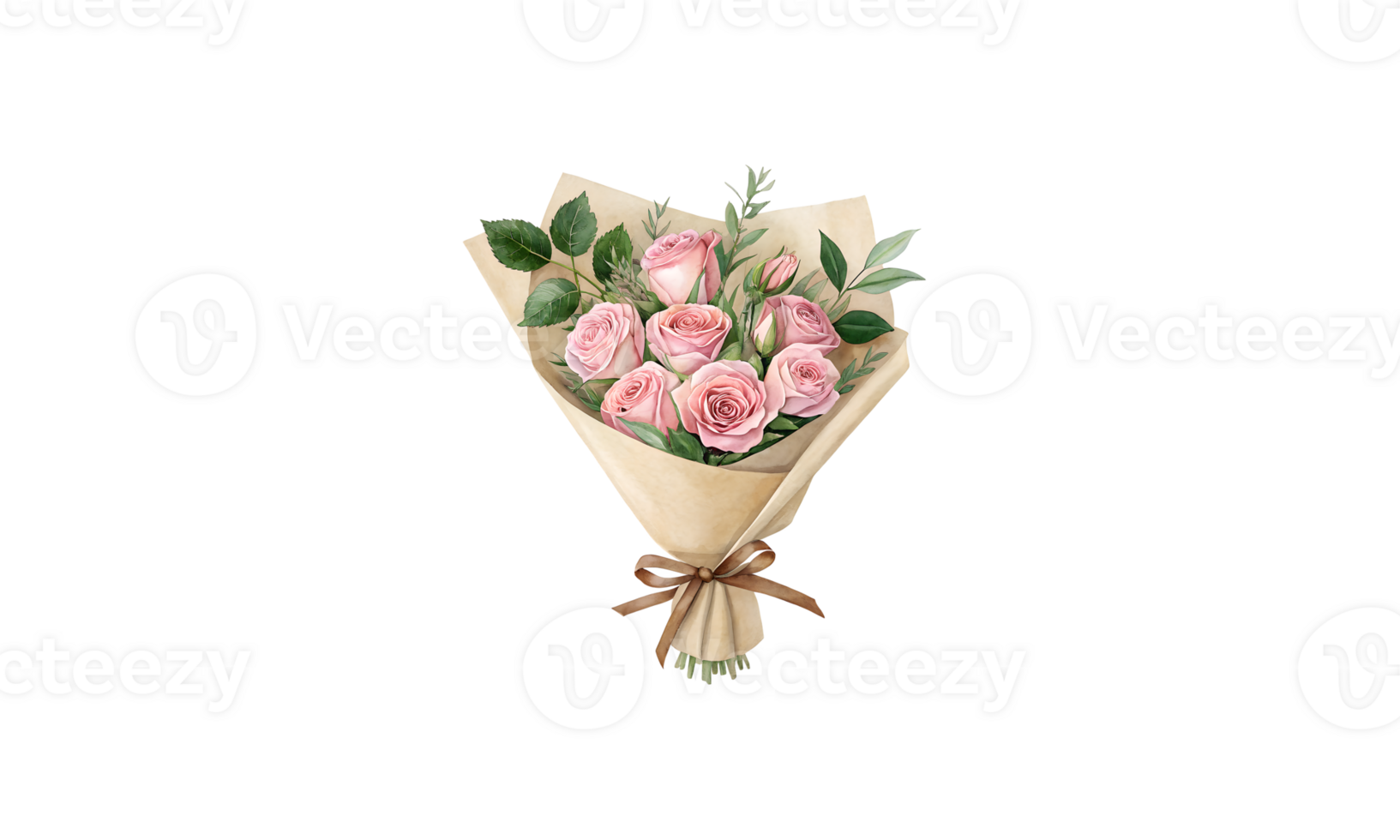 bouquet of pink roses wrapped in brown paper on transparent background. png