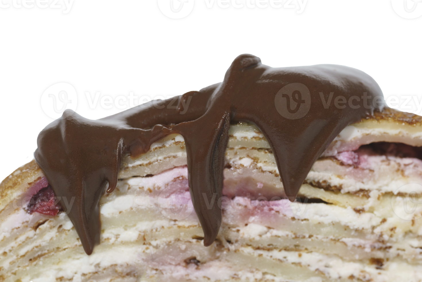 close-up of chocolate streaks, drops of chocolate flowing from top to bottom on a pancake cake, Shrovetide week, isolated on transparent background, png