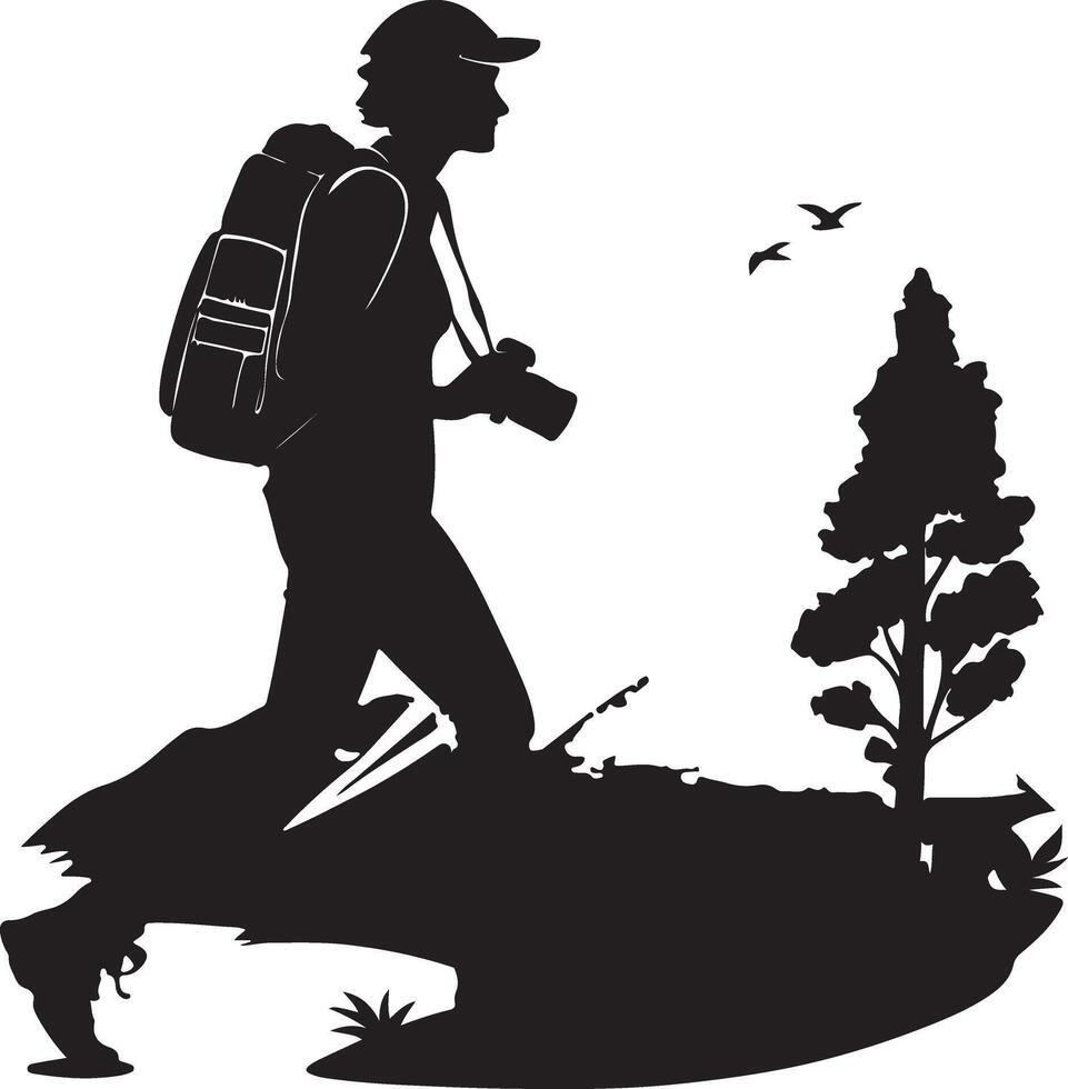 Silhouette of a hiker with camera and backpack vector