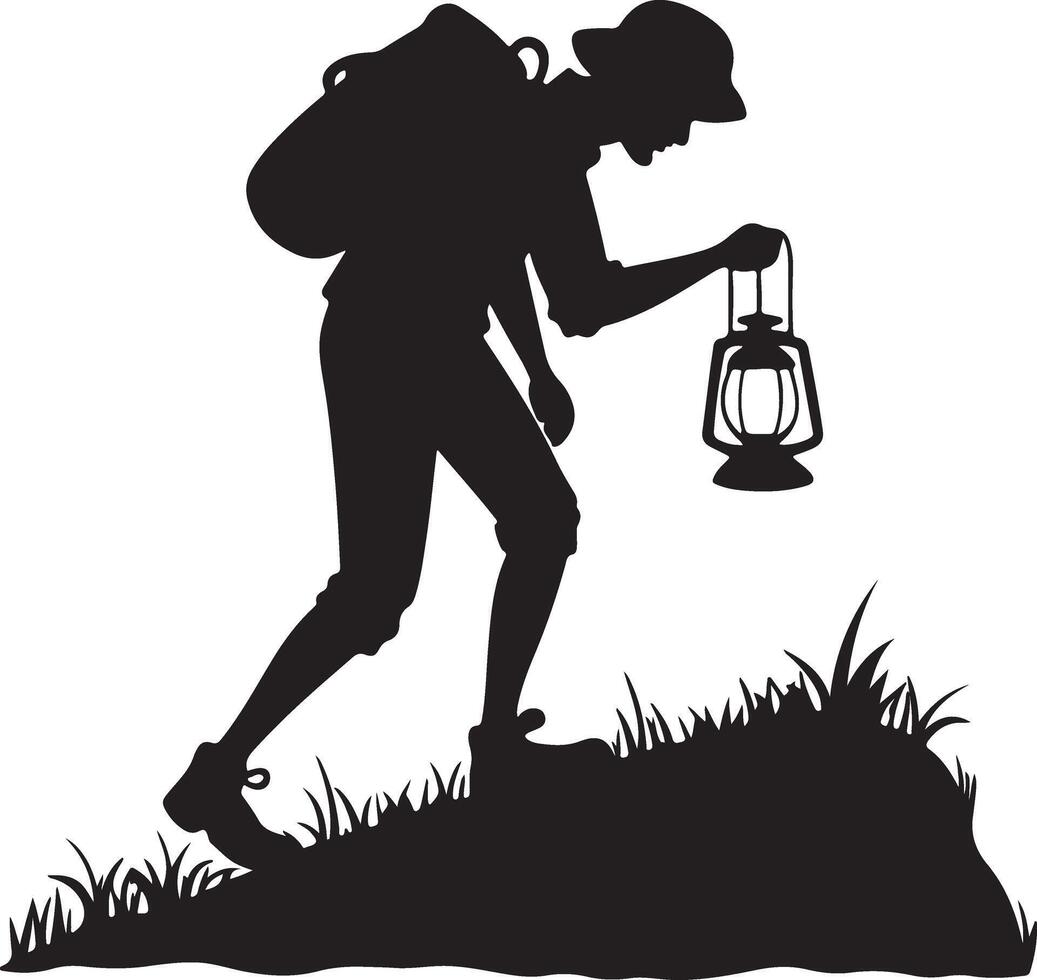 Silhouette of a backpacker with a lantern vector