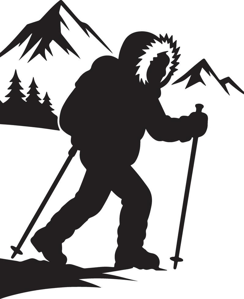 Silhouette of a hiker trekking through snowy mountains vector