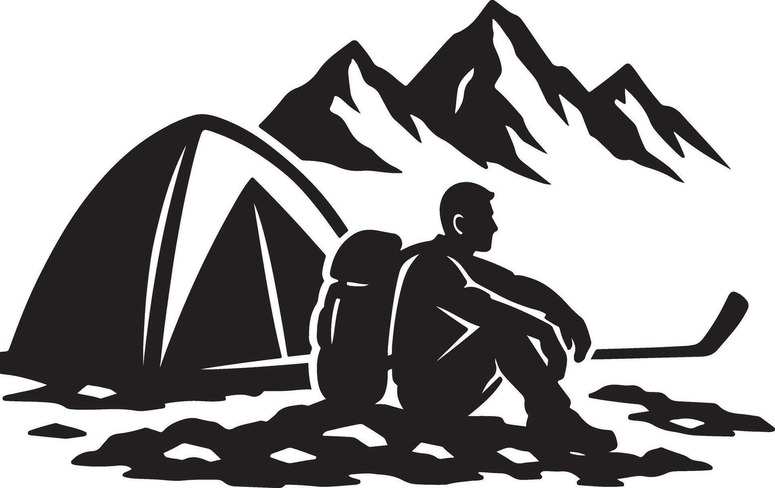Silhouette of a camper resting near a tent in the mountains vector