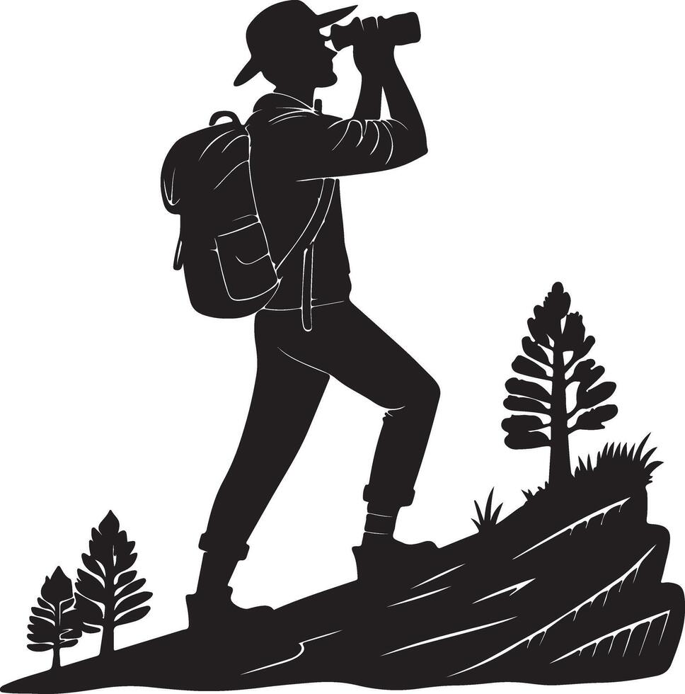 Silhouette of a hiker with binoculars on a hill vector