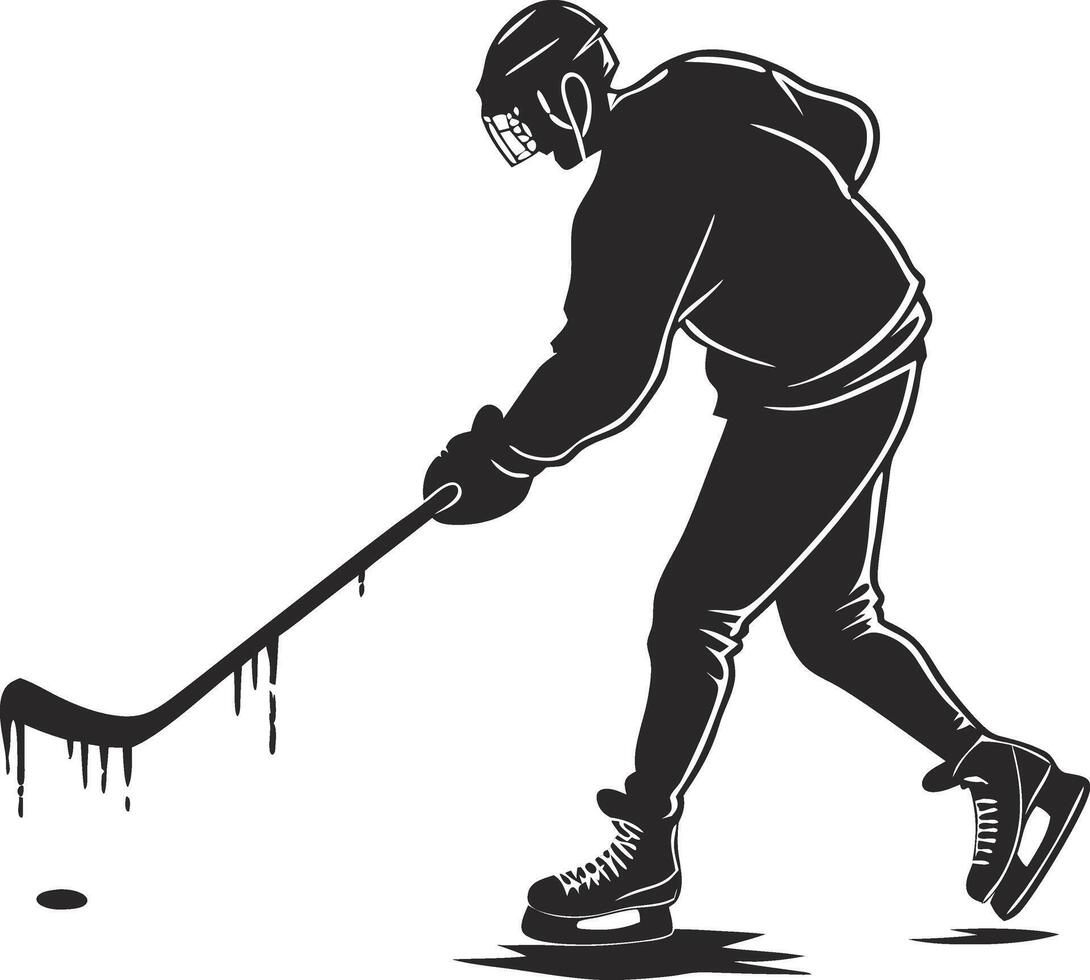 Ice Hockey Player Silhouette in Mid-Slapshot with Flying Ice Spray vector
