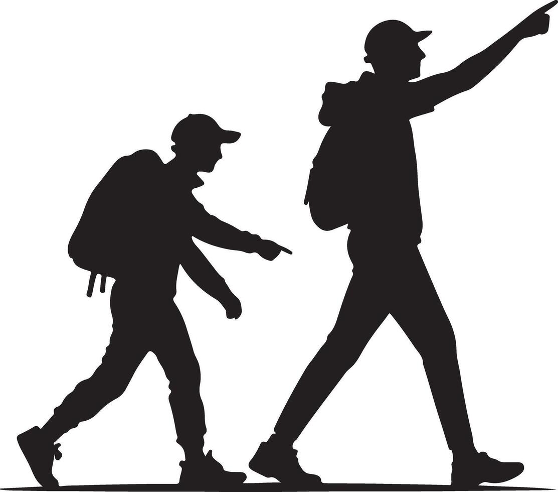 Two hikers walking silhouettes with backpacks vector