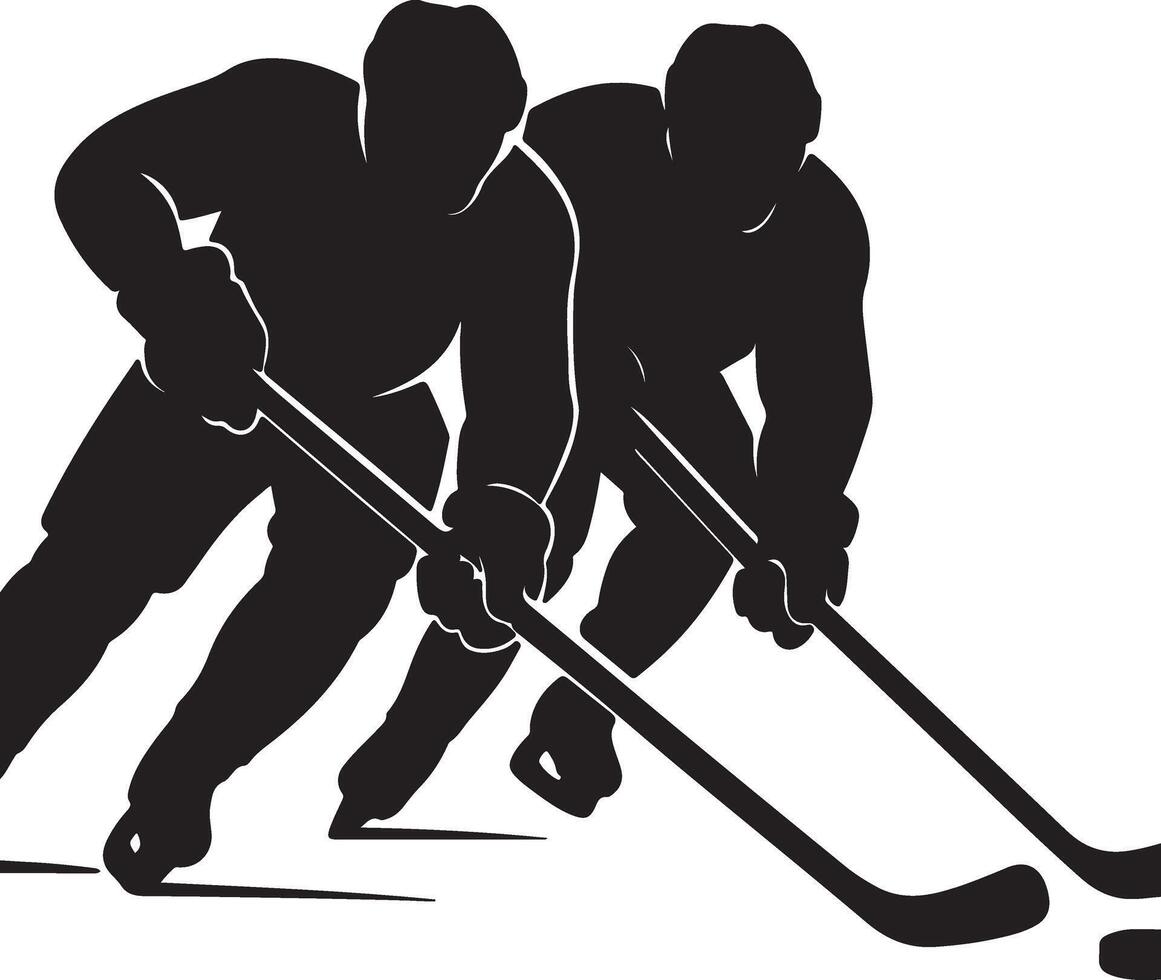Silhouette of two hockey players battling for the puck vector