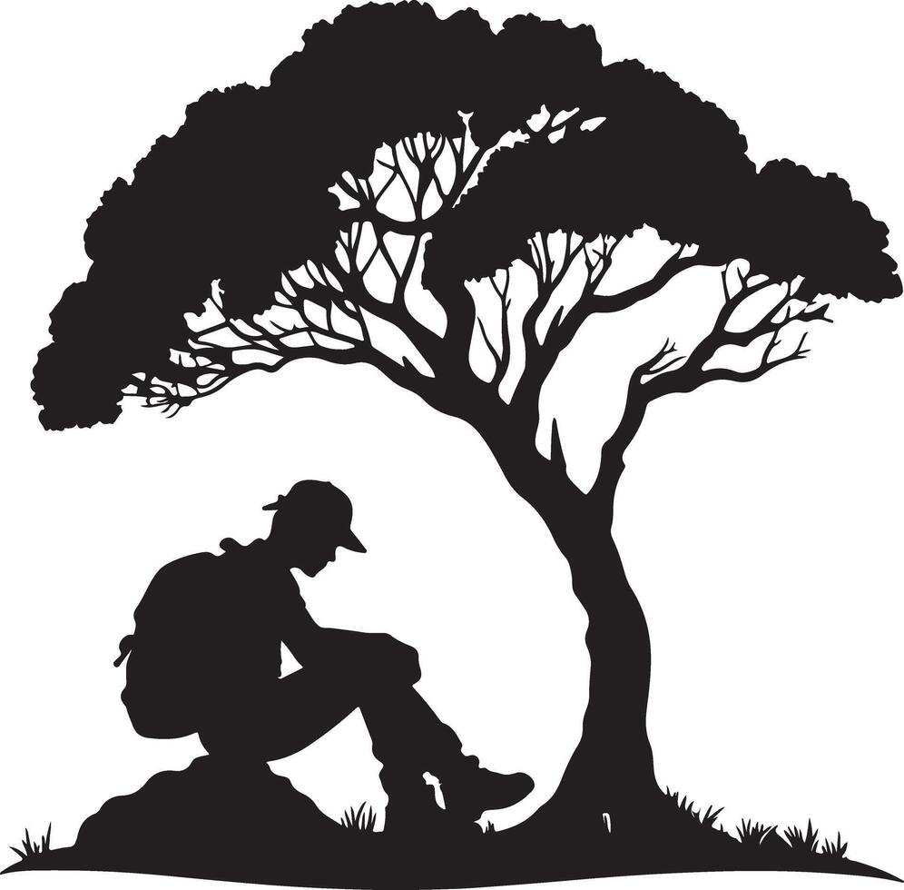 Silhouette of a backpacker resting under a tree vector