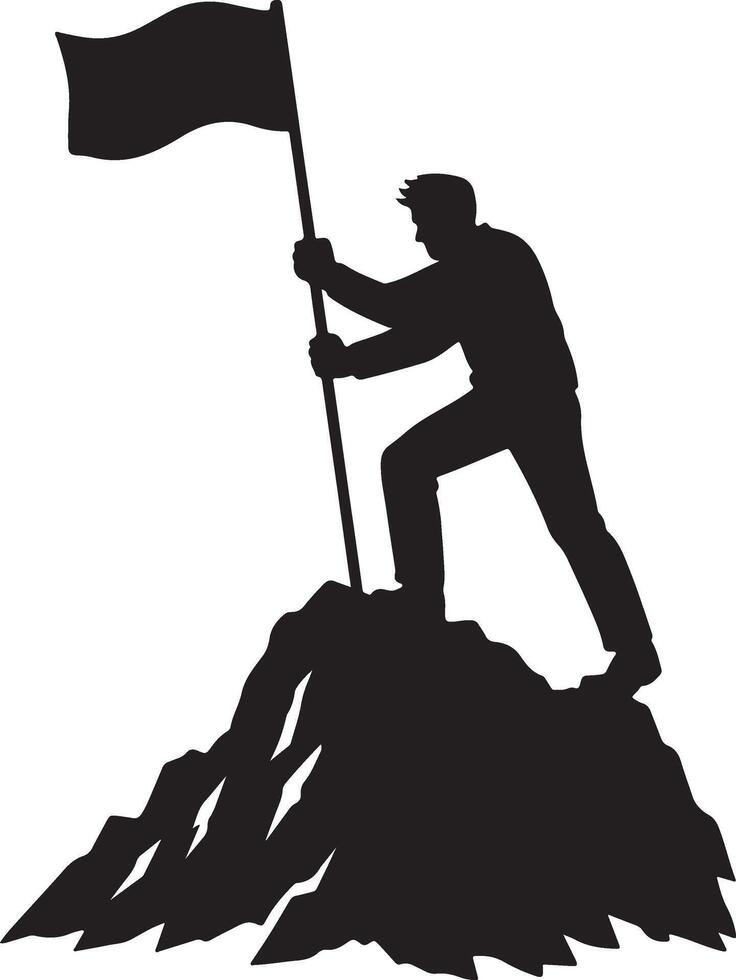 Silhouette of a man planting a flag on a mountain peak vector